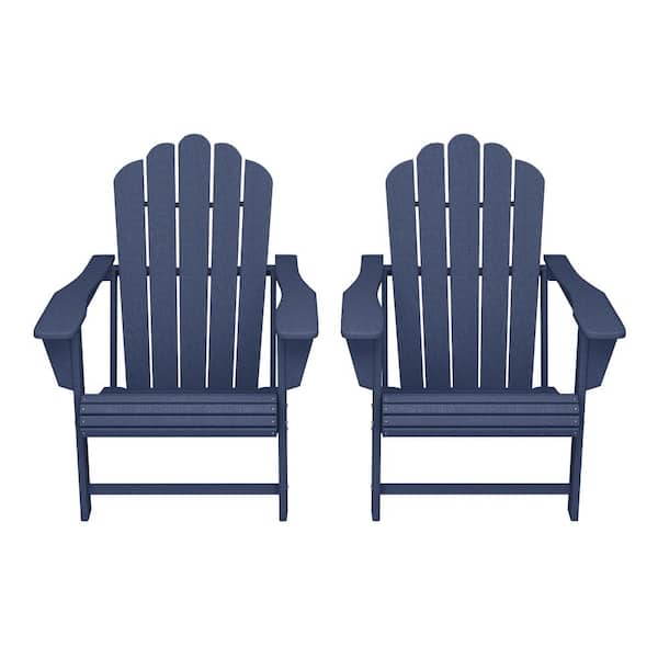 Aderson Set of 2 All Weather Fade Resistant Outdoor Patio HDPE Adirondack Chairs with Cup Holders in Navy Blue