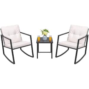 Black 3-Pieces Metal Wicker Outdoor Rocking Chair Bistro Conversation Set with White Cushions