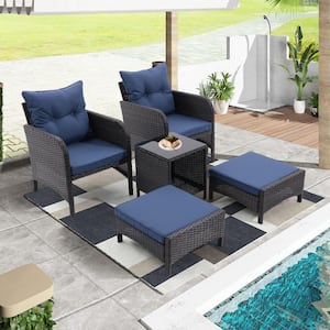 5-Piece Wicker Patio Conversation Set, All Weather with Armrest and Removable Blue Cushions, Ottomans and Coffee Table