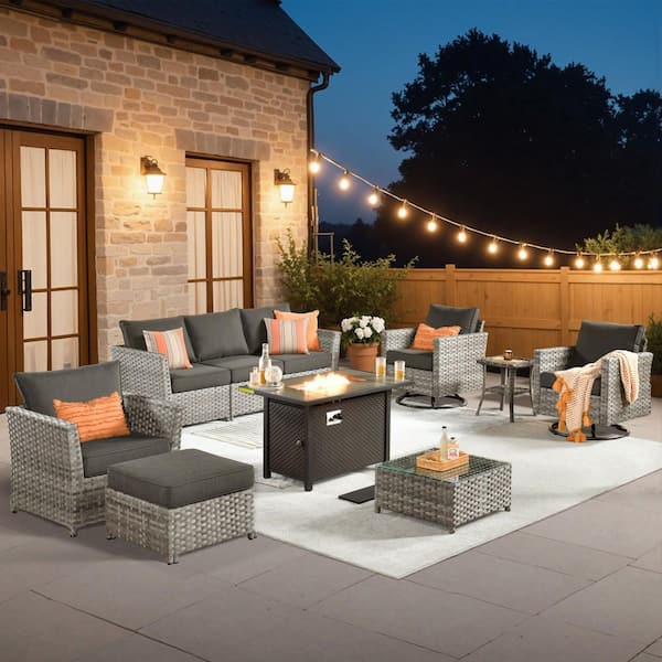Toject Eufaula Gray 10-Piece Wicker Outdoor Patio Fire Pit Conversation Sofa Set with Swivel Rocking Chairs and Black Cushions
