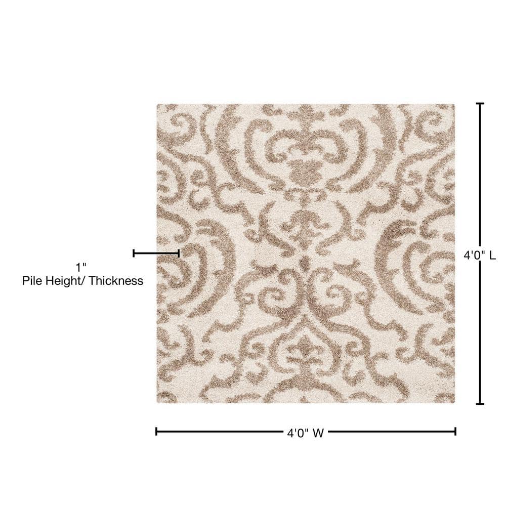 Cream and Beige Floral Shag 4' Square Area Rug