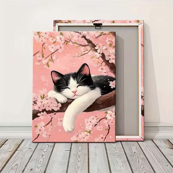 Cherry Blossom Tree and Sleeping Cat Canvas Art Print 24 x 36 in