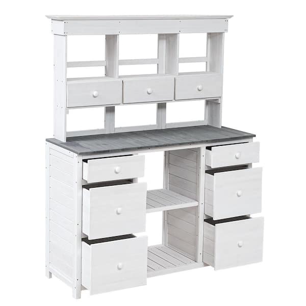 SpassWay Garden Potting Bench Table 80 gal. Fir Wood Workstation with Storage Shelf, Drawer and Cabinet, White Deck Box
