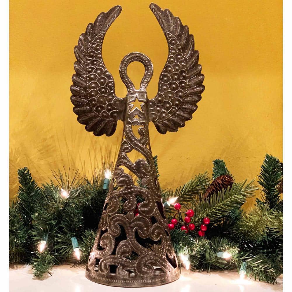 Grey Standing Angel Sculpture with Majestic Wings Haitian Steel Drum Sculpt