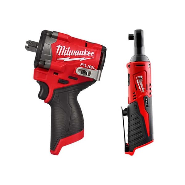M12 FUEL 12V Lithium-Ion Brushless Cordless Stubby 1/2 in. Impact Wrench with Pin Detent with M12 3/8 in. Ratchet