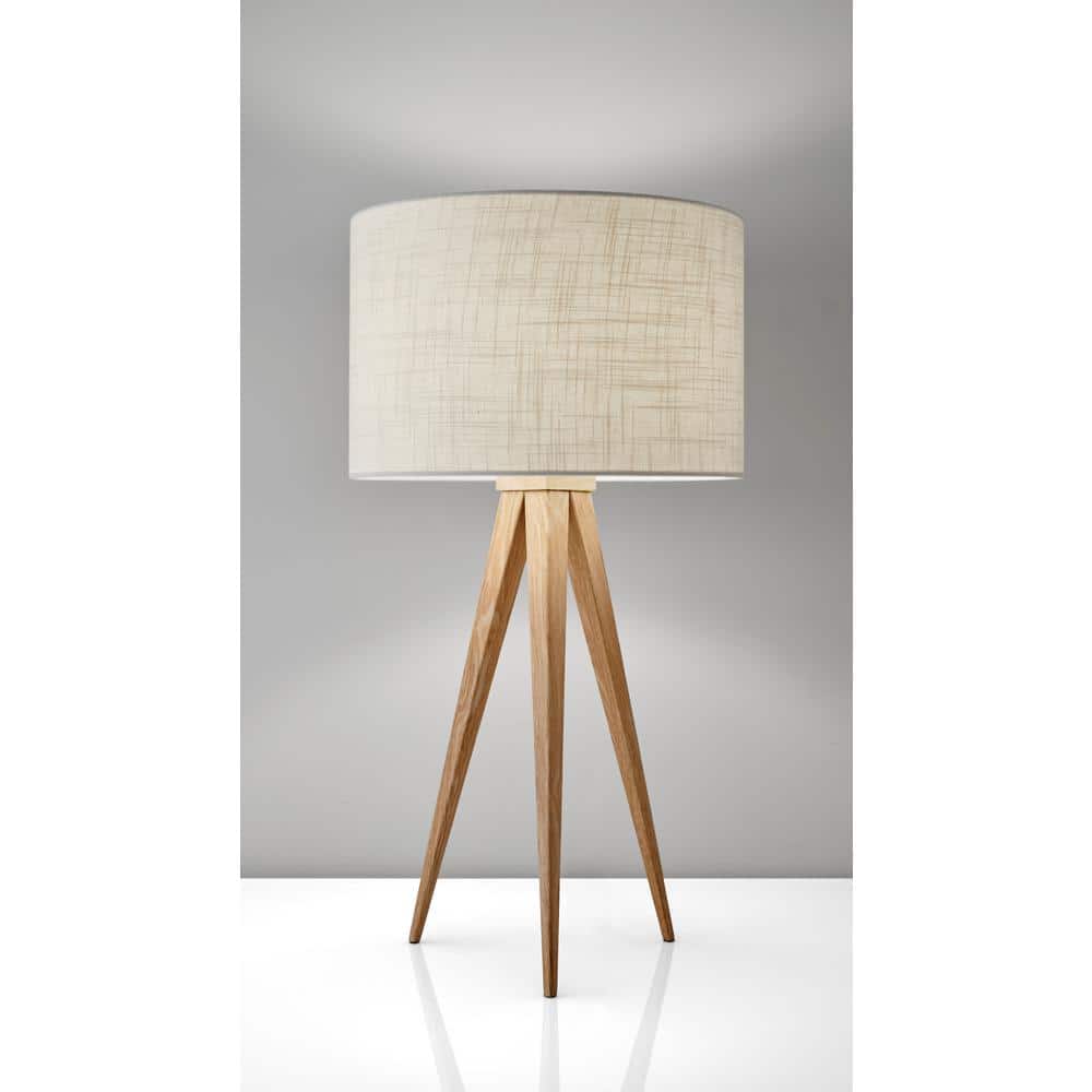 Rustic Natural Wood Grain Tripod Table Lamp with Off-White Shade