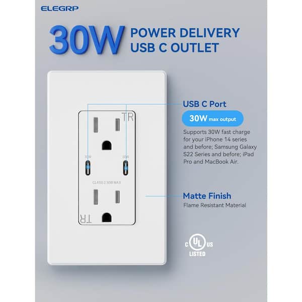 Leviton T5635-W USB Dual Type-C with Power Delivery (PD) In-Wall