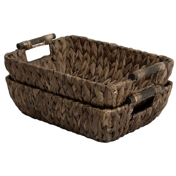 2-Pack Hand-Woven Storage Baskets with Wooden Handles, Wicker Storage Baskets for Shelf, Brown