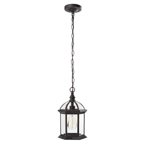 Wickford 13.6 in. 1-Light Weathered Bronze Outdoor Hanging Light Pendant Light with Clear Beveled Glass