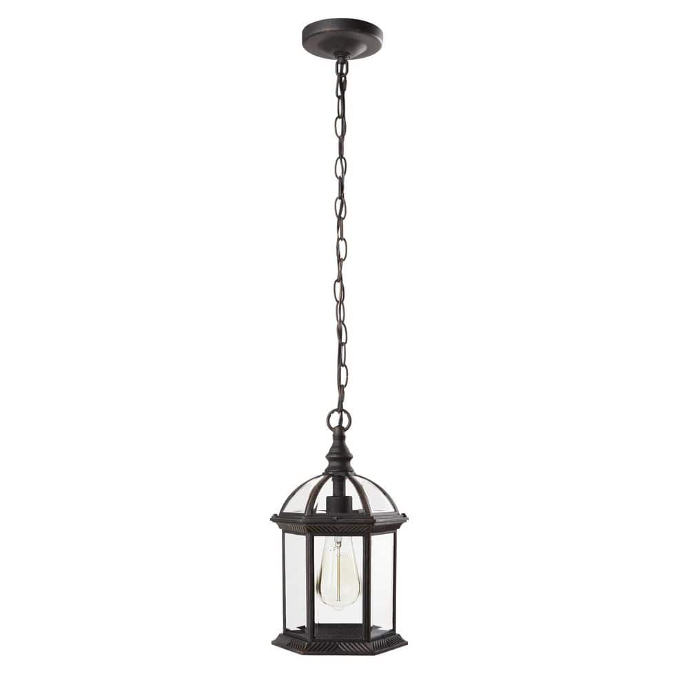 Hampton Bay Wickford 1-Light Weathered Bronze Outdoor Pendant Light Fixture with Clear Beveled Glass -  4183 RT