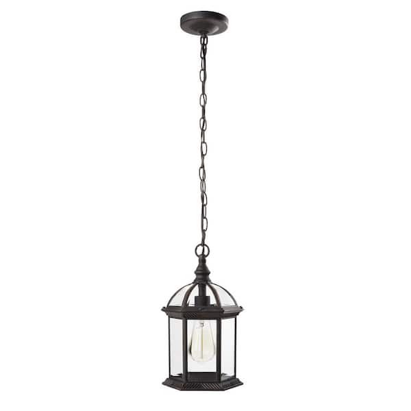 Hampton Bay Wickford 1-Light Weathered Bronze Outdoor Pendant Light Fixture with Clear Beveled Glass