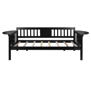 Espresso Wood Twin Size Daybed Frame, Twin Bed Frame with Foldable Table and Wood Slat Support for Bedroom