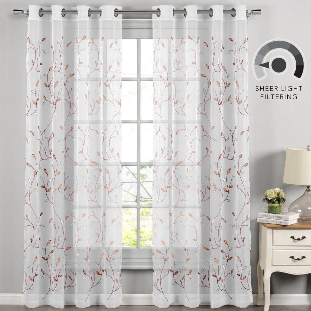 Coral Embroidered Sheer Polyester Grommet Window Panel, 54" x 63"