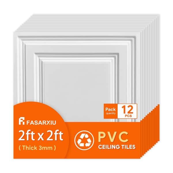 2 ft. x 2 ft. White Icon Relief PVC Drop Ceiling Tile, Waterproof, Washable, Fire-Rated (48 sq. ft./case, 12 Tiles)