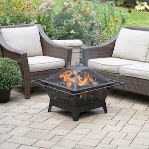 31.5 in. Square Steel Wood Fire Pit with Screen And Screen Lift - Decorative Cowboy Design