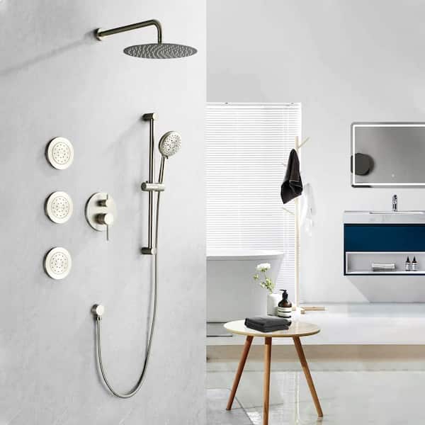 12 in. 2-Handle 3-Spray Wall Mount Pressure Balance Round Rainfall Shower System with Rough-In Valve in Brushed Nickel