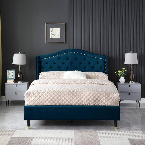 Morden Fort 74 5 In W Blue California King Bed Frame Wood Platform With Headboard No Box Spring Required Easy Assembly 1004 Ck Headboard No Box Spring, California King Bed Frame With Headboard Wood