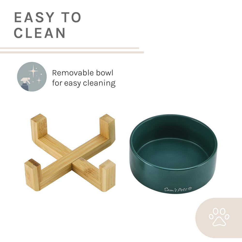 Green Ceramic Pet Bowl with Wooden Stand