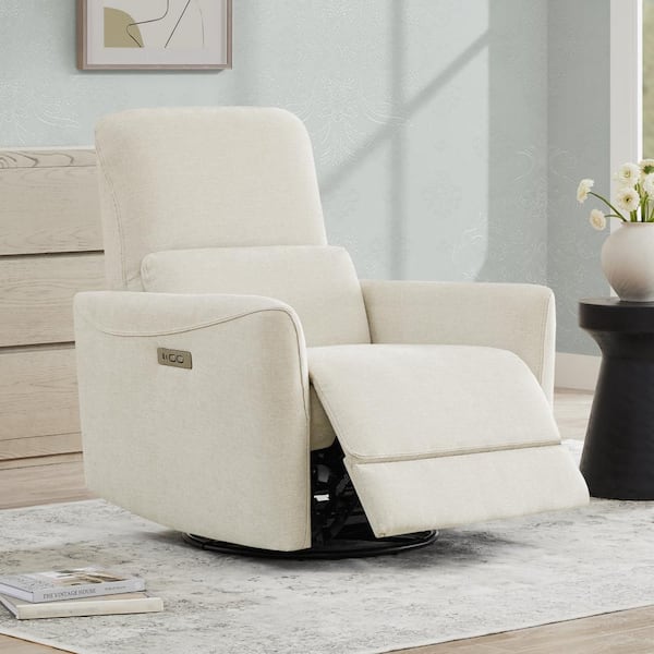 Spruce & Spring Kensie White Fabric Swivel Power Recliner
