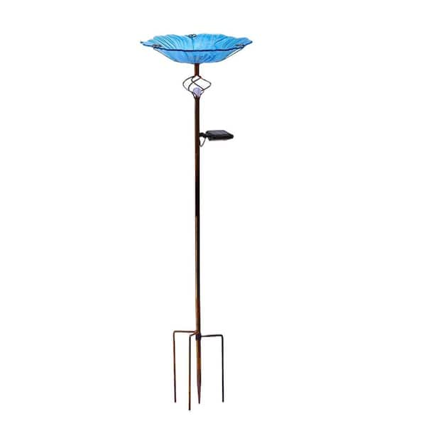 Oyezvary 32 Solar Glass Bird Bath with LED Light and Metal Stake for Garden Outdoor Decor