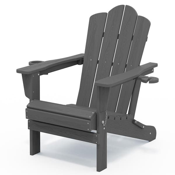Classic Outdoor HDPE Folding Plastic Adirondack Chair with 2 Cup Holders in Gray (Set of 1)