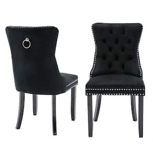 High-end Black Tufted Contemporary velvet Nailhead Trim Upholstered Dining Chair with Wood Legs (Set of 2)