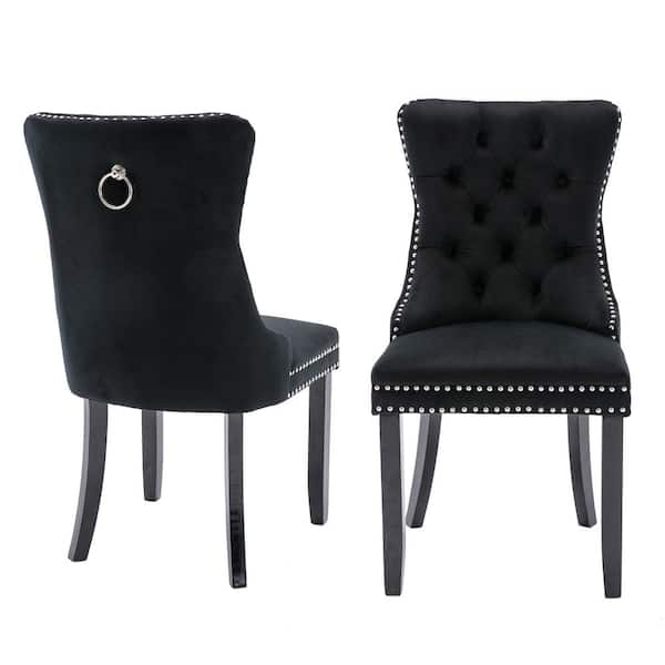 Unbranded High-end Black Tufted Contemporary velvet Nailhead Trim Upholstered Dining Chair with Wood Legs (Set of 2)