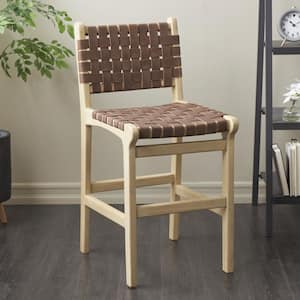 39 in. Brown Mango Wood Woven Bar Stool with Light Brown Wood Frame with Backrest and Footrest