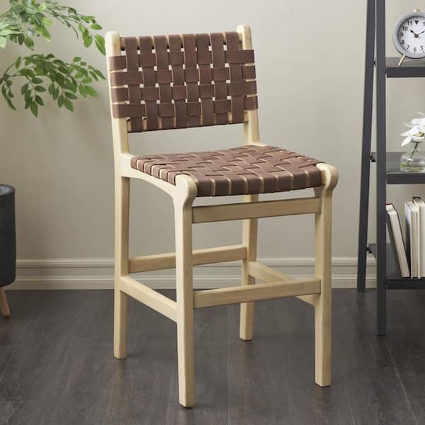 Litton Lane 39 in. Brown Mango Wood Woven Bar Stool with Light Brown Wood Frame with Backrest and Footrest