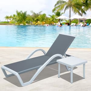 2-Piece Aluminum Frame Outdoor Patio Chaise Lounge Set with Side Table, Gray Textilene