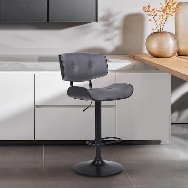 Armen Living Brooklyn Adjustable 25-34 in. Height Low Back Swivel Grey Faux Leather/Black Wood Bar Stool Black Base 46 in Height
