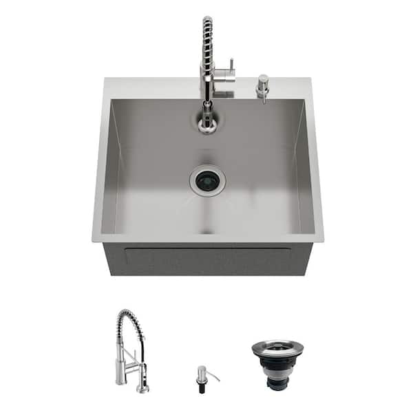25 in. D x 22 in. W 24.7 Gallons Drop-in Laundry/Utility Sink Brushed with Powerful Spray Pull Down Faucet