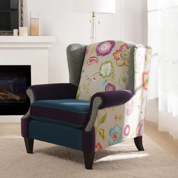 Jennifer Taylor Anya Eclectic Floral Patchwork Boho Chic Wingback Large Living Room Lounge Accent Arm Chair