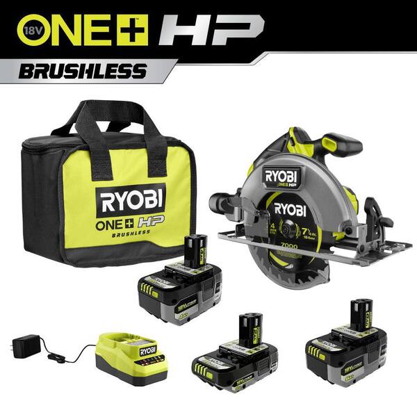 RYOBI ONE+ 18V Lithium-Ion 2.0 Ah, 4.0 Ah, and 6.0 Ah HIGH PERFORMANCE Batteries and Charger Kit w/ HP Brushless Circular Saw