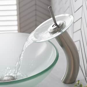 Single Hole Single-Handle Low-Arc Vessel Glass Waterfall Bathroom Faucet in Satin Nickel with Glass Disk