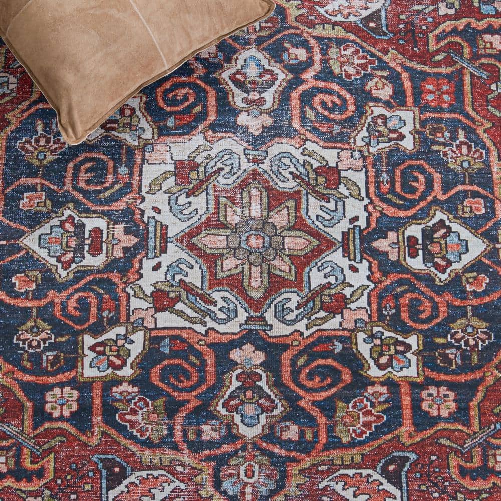 Red and Navy Square Synthetic Hand-Knotted Area Rug