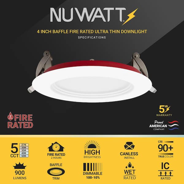 4 in. 2-Hour Fire Rated White Baffle Slim Canless Integrated LED Recessed Light 12W 5CCT 27K-50K Dimmable IC Rated 12PK