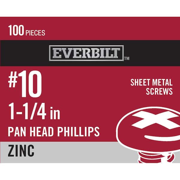 Everbilt #10 x 1-1/4 in. Zinc Plated Phillips Pan Head Sheet Metal Screw (100-Pack)