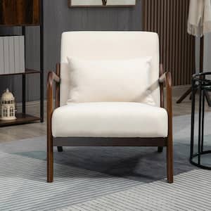 Comfy Mid-Century Modern Beige Velvet Upholstered Living Room Accent Chair, Wood Frame Arm Chair with Waist Cushion