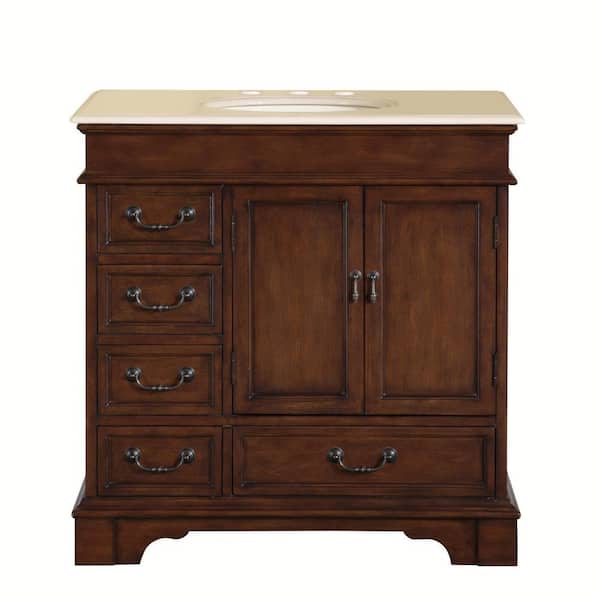 Silkroad Exclusive 36 in. W x 22 in. D Vanity in English Chestnut with Marble Vanity Top in Crema Marfil with Ivory Basin