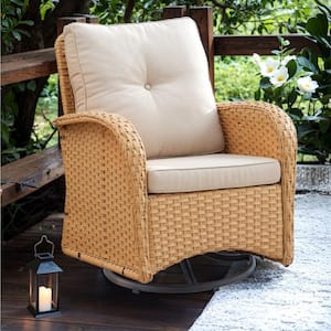 Yellow Swivel Wicker Outdoor Rocking Chair with Beige Cushion and Glide Function (1-Pack)