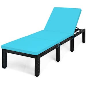Black Rattan Metal Outdoor Recliner Lounge Chair With Blue Cushions