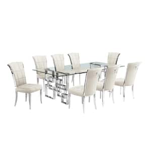 Dominga 9-Piece Rectangular Glass Top Stainless Steel Base Dining Set Seat Capacity 8 Cream Velvet Fabric