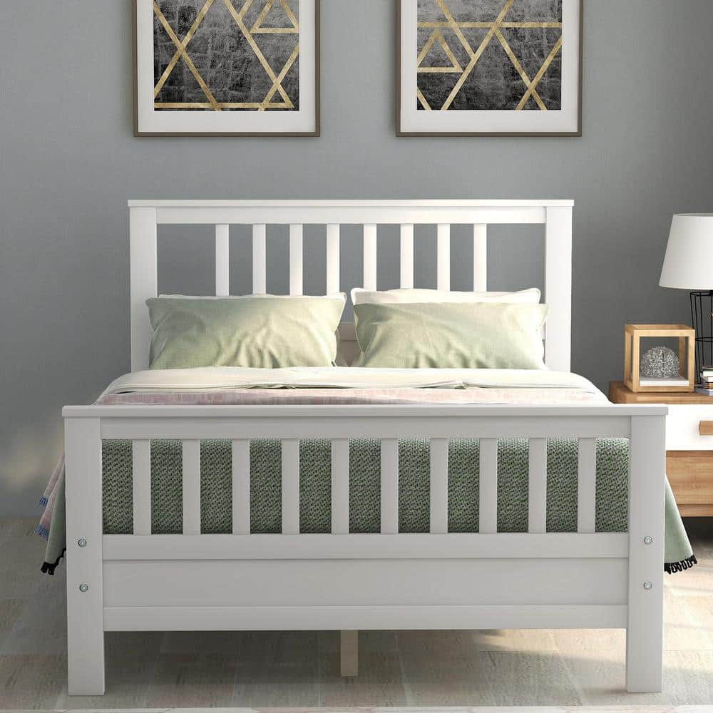 White Wood Frame Full Platform Bed with Headboard and Footboard - thumbnail 2