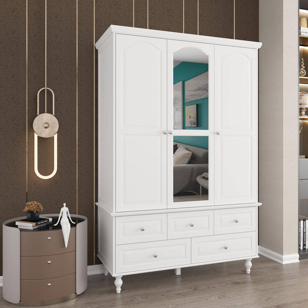 White Paint Big Wardrobe Armoires W/Mirror, Hanging Rod, Drawers, Adjustable Shelves 70.9 in. H x 47.2 in. W x 20 in. D - thumbnail 4