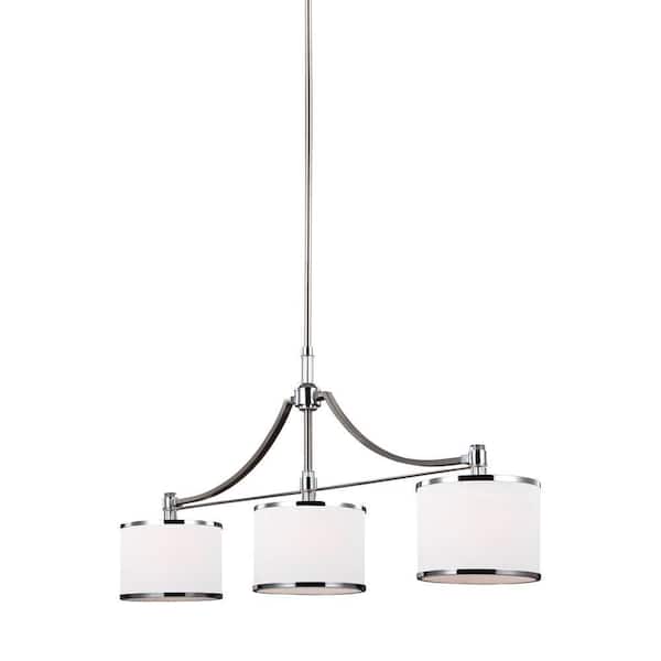 Generation Lighting Prospect Park 3-Light Satin Nickel/Chrome Contemporary Modern Linear Billiard Island Chandelier with Etched Glass Shades