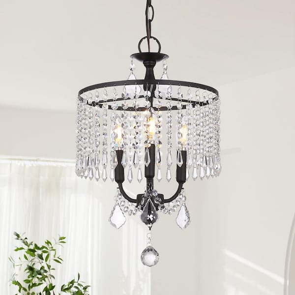 3-Light Matte Black Drum Chandelier with K9 Crystal Dangles, Glam Styled Dining Room Chandelier