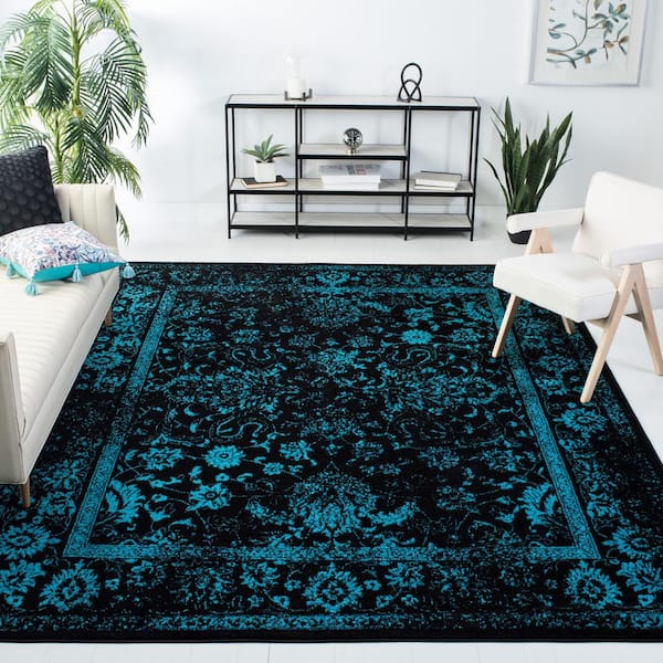 Adirondack Black/Teal 10 ft. x 14 ft. Border Distressed Area Rug