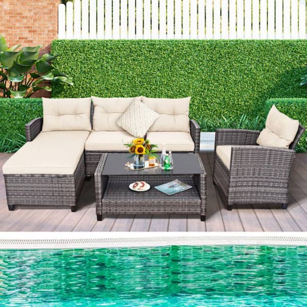 Kadehome 4 Pieces Rattan Metal Patio Conversation Set with Cushion in Off White and 2-Tier Coffee Table