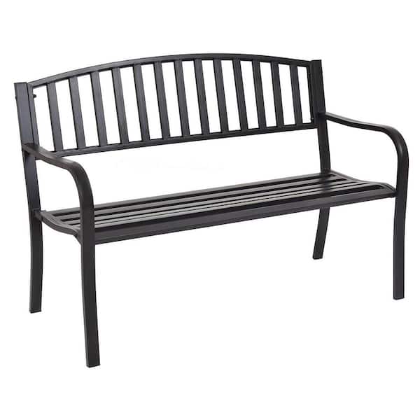WELLFOR 2-Person Black Metal Outdoor Bench with Metal Slat Back and Armrest